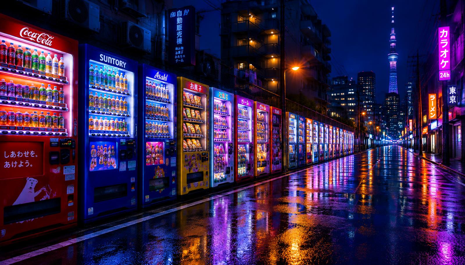 Rua com fileira de máquinas de venda automática iluminadas à noite